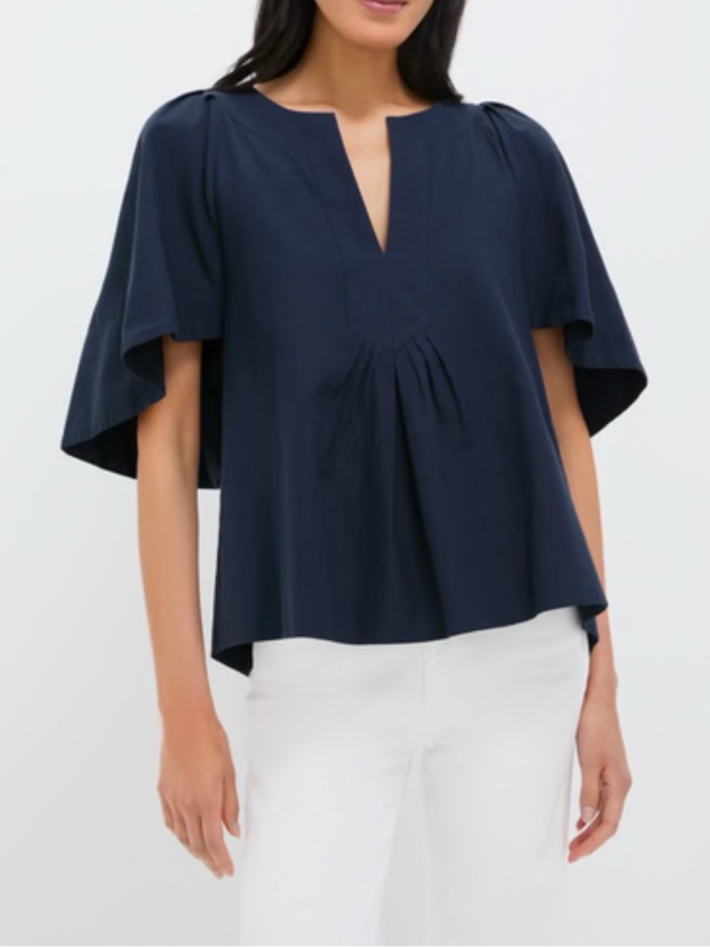 Pomander Place Finley V Neck Flutter Sleeve Cotton Dark Navy Blouse Medium